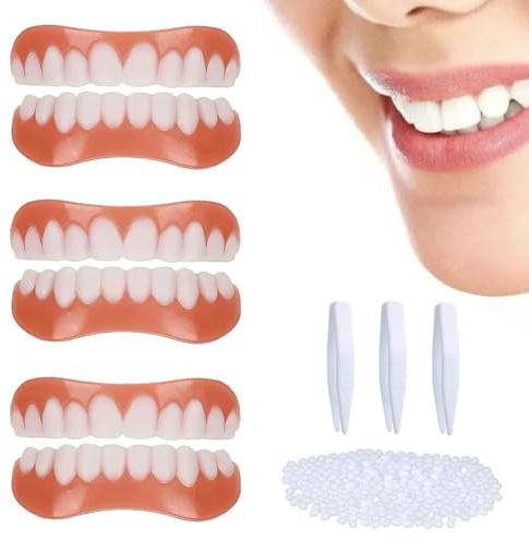 IKOPFLN 3 Paia denti finti da applicare da soli,Faccette Denti Sorrisi Cosmetici, Sicuro e Dente Provvisorio Superiore e Inferiore, per Uomini e Donne La Riparazione Temporanea di Problemi Dentali