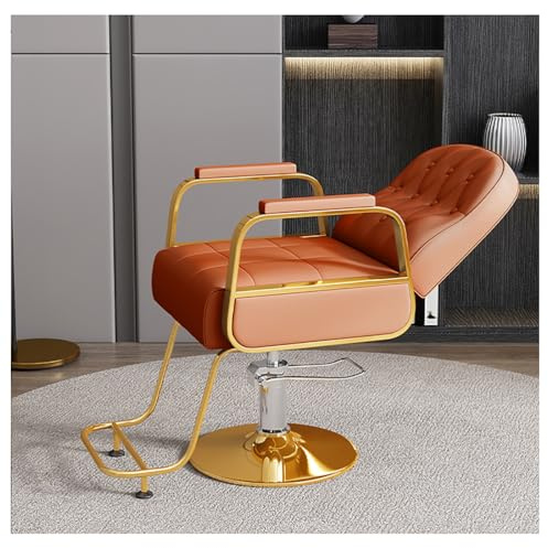 360° Drehbar, Friseurstuhl mit Hydraulischer Pumpe Fußstütze, Salonstuhl für Friseursalon Zuhause,Orange,B