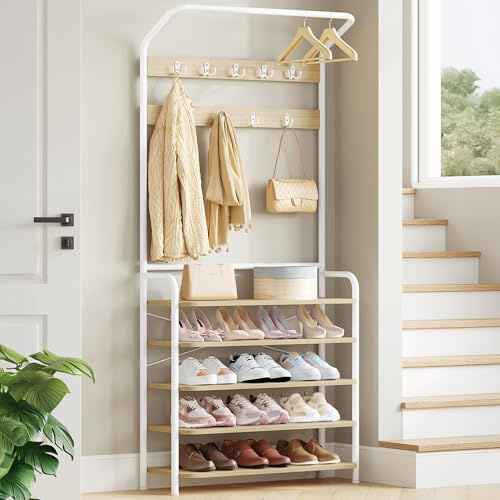 Hzuaneri Coat Stand, Coat Rack with Shoe Storage and Adjustable Shelves, FreeStanding Metal Coat Hall Tree with 9 Hooks, 5 Shelves for Hallway, Living Room, Bedroom, Office, White Oak, HT19016W