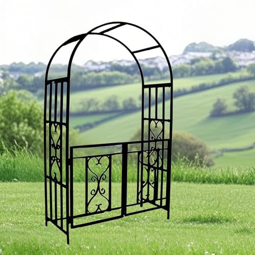 Arche de jardin en treillis noir et blanc, 210 cm, pergola en métal avec portail, structure robuste pour plantes grimpantes, décoration de terrasse, comprend des piquets de 20 cm
