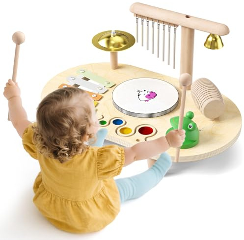 Trummiset för barn, Montessori babyleksak, barnleksaker, träleksaker, 7-i-1 barntrumma, musikinstrument, presenter för åldrarna 2–5 år för påsk jul present