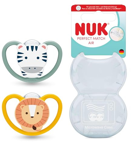 NUK Perfect Match Air nappflaskor för bebisar | 6-18 månader | Ortodontiska nappar som främjar luftflöde och förhindrar dregelutslag | 95% acceptans hos bebisar** | Lejon & Zebra | 2 stycken