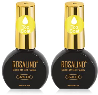 ROSALIND Top Coat UV nagellacksset, 2 stycken 10 ml gel nagellack överlack, blötlägg UV LED-topplack för gelnaglar nagelkonst manikyrset