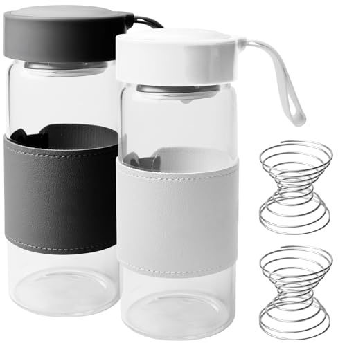 Piccola bottiglia per shaker, 2 pezzi da 480 ml, in vetro borosilicato, shakers proteici, senza BPA, set di palline agitanti con custodia in silicone per fitness e bevande proteiche (nero + bianco)