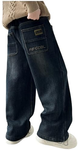 Jean baggy avec poches pour garçons - Pantalon ample décontracté - Taille élastique - Pantalon en jean vintage - Jambe droite - Pantalons cargo à jambe large - Y2K - Streetwear - Cargo Enfant Garcon