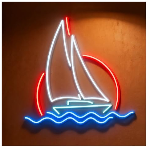 MENGE Sign Lamp Sun Waves Sailing Boat Neon Sign USB Powered Travel Ship River Sea Beach Ocean Wall Decor 38cm