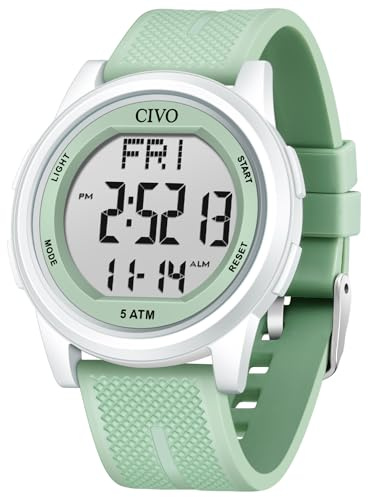 CIVO Montre Femme Digitale Sport: Etanche 50m Affichage LED Chrono Alarme Vert Bracelet Silicone pour Outdoor et Loisirs
