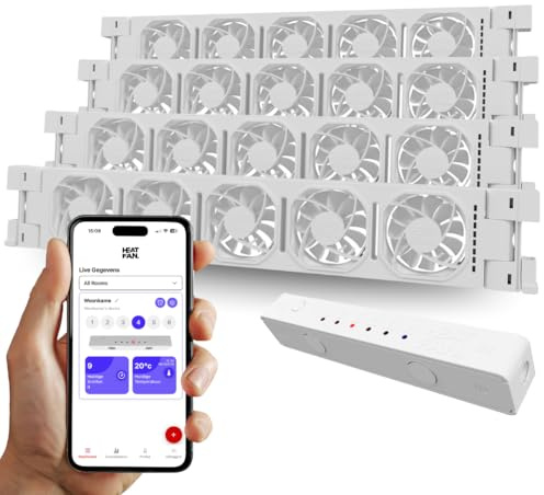 Heatfan 5 Quattro Heizkörper ventilator mit WLAN-App flüsterleise <20 dB, spart bis 30% Heizkosten, einfache Montage, universeller Heizkörperlüfter für Heizkörper von 250 bis 310cm - 4 Stück - Weiß