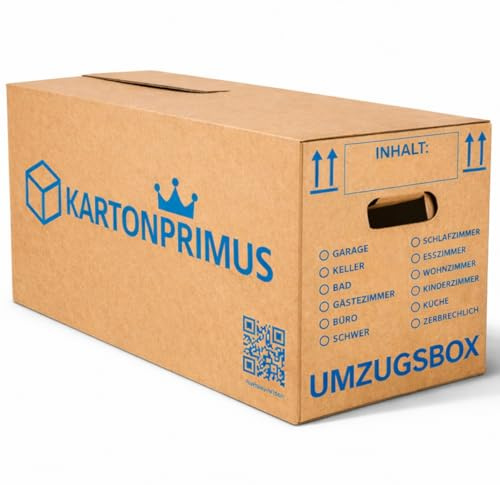 Kartonprimus 100 Umzugskartons 620x300x330 mm zweiwellig – stabiler Karton bis 40 kg –verstärkte Griffe – stapelbar Umzugskiste Umzugkarton Umzugsbox Lagerkarton Bücherkarton Ordnerkarton (100 Stück)