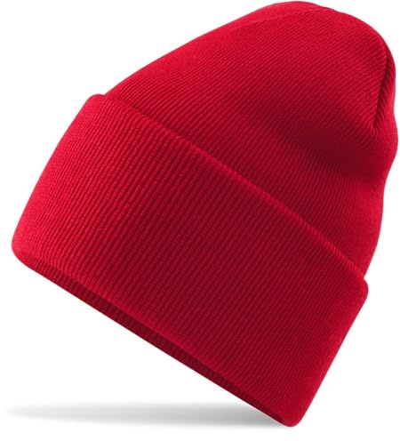 Hatstar Wintermütze | Unisex | Damen Cuffed Beanie Herren Feinstrick Mütze mit breiter Krempe | Warme Strickmütze für Frauen Männer | Dick & Weich & Warm (Rot)