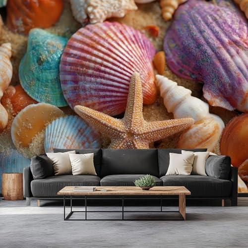 Papel Tapiz Fotográfico Fotografía Conchas De Playa Estrella De Mar Fotomurale 350 x 256 cm, Art Mural Amarillo Papel Pintado Fotomural - Cafe Restaurant Dormitorio Hoga Murales Decoración