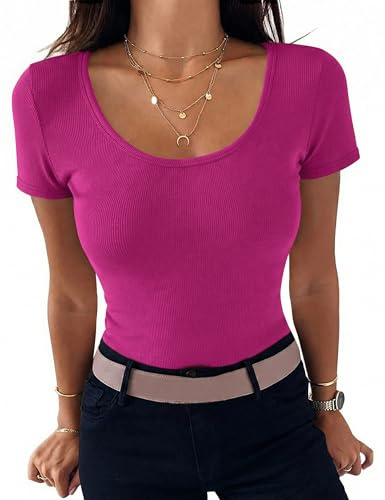Aottori T-Shirt Donna Girocollo Maniche Corte Costine Slim Fit | Magliette Estivo, Tops Basic, Aderente Elasticizzato, Tinta Unita, Maglia Elegante Casual