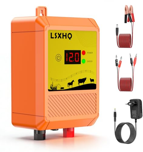 10 km Cerca Eléctrica para Ganado y Animales, Energizador de Cerca Eléctrica de Corriente de Salida 12 kV 2,0 J con Pantalla LED, Protección para Caballos, Ovejas, Jardín, Pastos y Granja (Naranja)