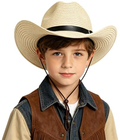 TINAYAUE Kinder Cowboyhut Jungen Mädchen Strohhut Panama Hut Westernhut Atmungsaktiver Strandmütze UV Schutz Sonnenhut Breite Krempe Sommerhüte Fischerhut für Strand, Radfahren, Fotografieren