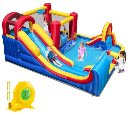 COSTWAY Inflatable Water Park, Kids Bouncy Castle with Double Slides, 2 Splash Pools, Water Cannon, Climbing Wall & Basketball Hoop, Outdoor Blow Up Bounce House for 3+ Years Old (with Blower)