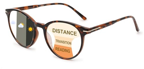 SKYWAY Selbsttönende Gleitsichtbrille für Damen, Leichte Runde TR90-Gestell Photochrome Progressive Multifocus Lesebrille Blaulichtfilter Brille mit Stärke