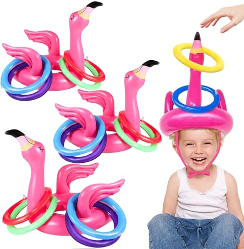 TYHBRV 15 Pcs Inflatable Flamingo Pool Toys Ring Toss Pool Game, Flamingos Luau Party Decor Hawaiian Beach Toys Carnival Outdoor Luau Party Games Supplies for Adults Family