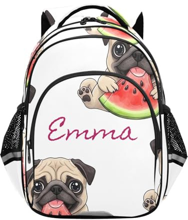 RPLIFE Sac à dos personnalisé pour enfants pour enfants de 6 à 12 ans Sacs à livres cool personnalisés pour garçon, Mignon chien carlin pastèque blanc, 15 Inch, Sacs à dos traditionnels