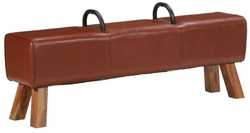 RuiNingRN Vintage gymnastikbänk med handtag av äkta getläder, akaciaträ, stål, sittkista, hallbänk, garderobsbänk, praktisk förvaring, robust design