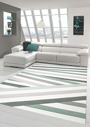 Traum Designer Teppich Moderner Wohnzimmer Kurzflor Mit Konturenschnitt Gestreift Pastellfarben Grün Creme Beige Größe 80 x 300 cm
