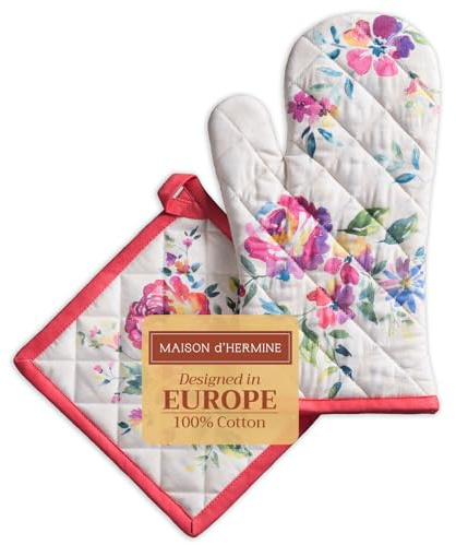 Maison d' Hermine Set di presine e guanti da forno in cotone 100% (19 x 33 cm e 20 x 20 cm) Guanti resistenti al calore con paste per maneggiare padelle calde Primavera Estate (Rose Garden)