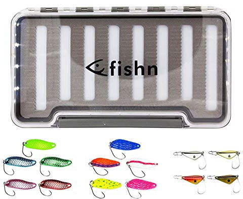FISHN 14x Trout Spoons & 1x Blinkerbox - Set, bestehend aus 14 Kunstköder und Einer Köderbox, Forellenköder, Forellenspoon, Forellenblinker zum Angeln - perfekt zum Spinnfischen (15-teilig)