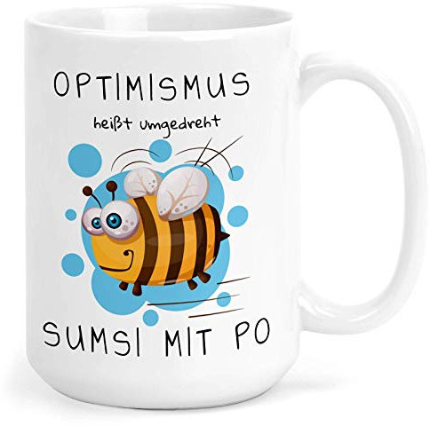 MeLifestyle Kaffeetasse Tasse Becher Motiv Optimismus heißt umgdreht rückwärts Sumsi mit Po | Keramik 330ml | Geschenk, Freund, Freundin, Kollege, Kollegin, Bürotasse