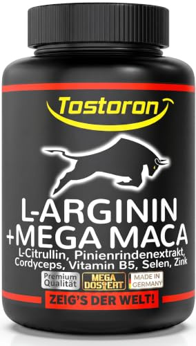 L-Arginin + MEGA MACA - 120 Kapseln EXTRA STARK + HOCHDOSIERT 1 Dose, 1x98g | NUR FÜR ECHTE MACHER: Tostoron, Dein ANTRIEB! Mit Zink als Beitrag zum Erhalt eines normalen TESTOSTERONSPIEGELS im Blut.
