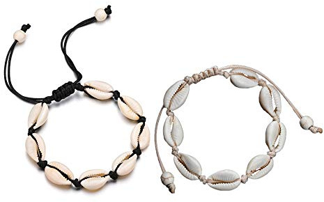 Muschel Armband für Damen Frauen Verstellbar im Bohemia Indie Style Auch als Fußkette Shell Armkette Echte Muscheln 2 Stücke Muschel Armband handgefertigt gewebt Armband (Schwarz + Weiß)