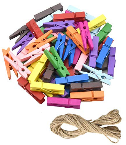 Holzklammern Klein 50 Stück Mini Bunt holzklammern zum Basteln Dekorieren für Fotoleinen Tischkärtchen Grußkarten 10M Jute Kordel