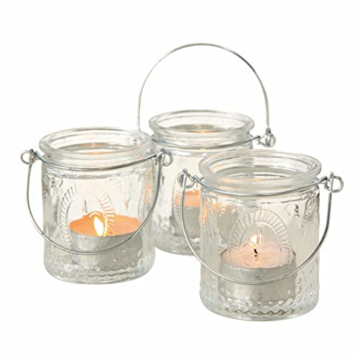 Spetebo Glas Teelichthalter - 3er Set / 7 cm - Windlicht mit Bügel Hängen | Transparent, Klarglas, Durchsichtig, Glaswindlicht, Teelichtglas, Kerzenglas, Drahtbügel, Henkel, Metalldraht, Rund