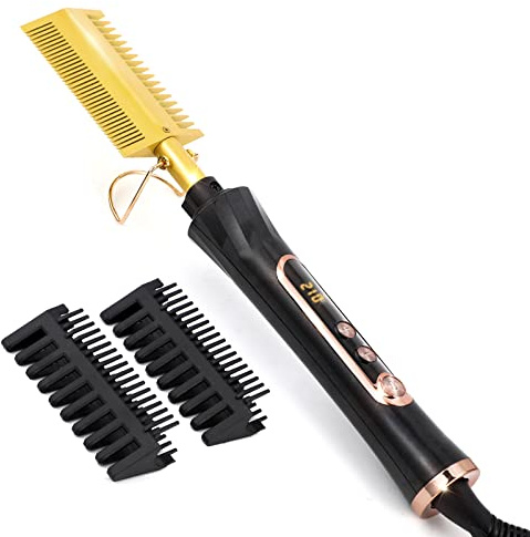 Ten-Tatent Hot Comb Hair Straightener Electric Anti-Scald Straightening Comb, Double Sided Portable Ceramic Beard Straightener Brush Press Comb Ceramic LCD