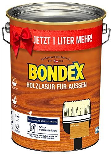 Bondex Holzlasur für Außen Eiche hell 5 L für 65 m² | Hoher Wetter- und UV-Schutz | Natürliches Abwittern - kein Abplatzen | seidenmatt | Holzschutzlasur | Holzlasur