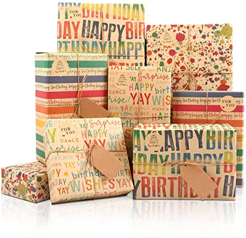 Birthday Wrapping Paper, 8 Sheets Colorful Recycled Kraft Gift Wrapping Paper Set With Stickers Tags and Rope, Brown Gift Wrap Sheets for Birthday Baby Shower Party Gift Decorations, 50x75cm
