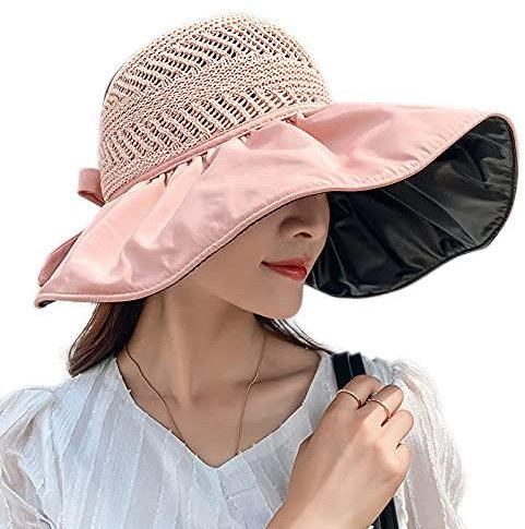 PTNKUIIY Faltbarer Sonnenhut Damen, UPF 50+ Outdoor UV Schutz Sommerhut mit Nackenschnur Großer Krempe Schirmmütze Atmungsaktiv Mütze Sonnenkappe Gartenhut Hut für Golf Reisen Wandern Strand,Rosa