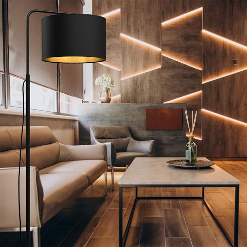 Lampadaire moderne en métal et tissu noir et or avec interrupteur à câble H : 151 cm E27 pour salon chambre lampadaire intérieur liseuse