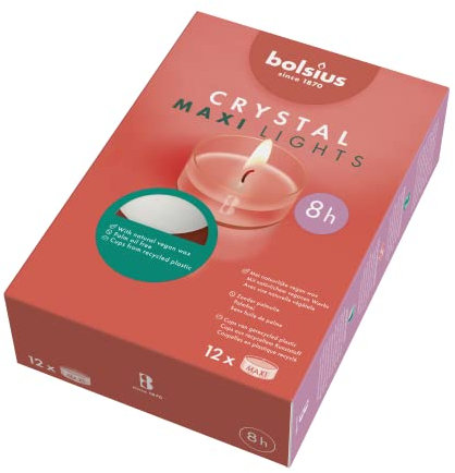 bolsius – Maxi XL Teelichter Clear Cup Transparente Hülle Weiß Brenndauer 8 Stunden - 12 Stück im Karton mit Pflanzliches Wachs, 8h box 12