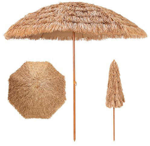 RELAX4LIFE 243cm Sonnenschirm, Tropischer Strohschirm mit 8 Metallrippen & Sonnenschutz, Runder Hawaii Strandschirm für Garten, Pool, Markt, Terrasse & Strand, Einfache Montage