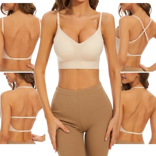 Low Back Bra for Women Wirefree Seamless Backless Multiway Straps Convertible Halter Bra with Padded Removeable Beige