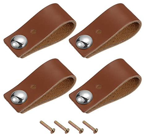 QUARKZMAN Leder Schubladengriffe 2.4 4Stk Leder Möbel Handgriffe Schubladenknöpfe Griffe mit Schrauben für Kommoden Schubladen Schrank Türen Braun/Silber