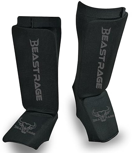 BEAST RAGE Protège-Tibias pour Muay Thai, Kickboxing, MMA, Taekwondo, Boxe, Arts Martiaux, Chaussettes élastiques rembourrées, Coussinets de Protection du Cou-de-Pied, protège-Tibias,