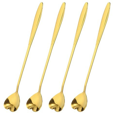 uxcell Lot de 4 cuillères à café en forme de cœur en acier inoxydable avec poignée de 17,8 cm de long pour mélanger les cocktails, doré