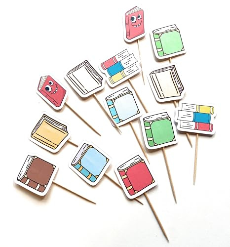Generic Book Cake Toppers, 12 Mixed Color World Book Day Decorations, Cardstock Reading Themed Food Flag Pick Sticks