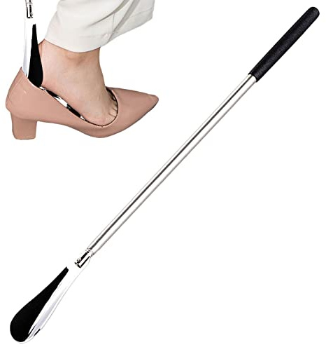 Calzador largo | Calzador de acero inoxidable extensible | Calzador telescópico de metal | Ayudante portátil para mayores, hombres, mujeres, niños y niñas (31 cm – 65 cm), plata, ver descripción