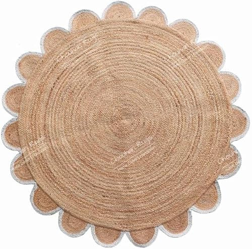 Jaipur Weaver Group 4x4, 5x5, 6x6,feet Natural Jute Scallop Round Rug, Floor Scalloped Edge Rug Braided Boho Eco Large Circular Handmade Area Rugs, White, RD1-6x6-WT