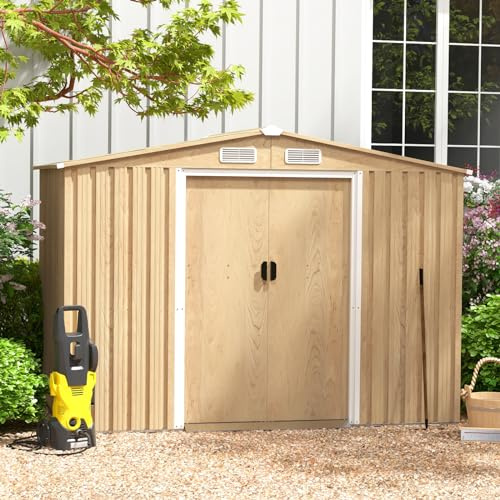 GOPLUS 4,47m² Abri de Jardin Naturel avec Bas, Cabane à Outils en Acier Galvanisé 8,23m³, Résistant aux Intempéries, Porte Verrouillable, Toit en Pente, Bouches d'Aération, pour Jardin (259x196x184cm)
