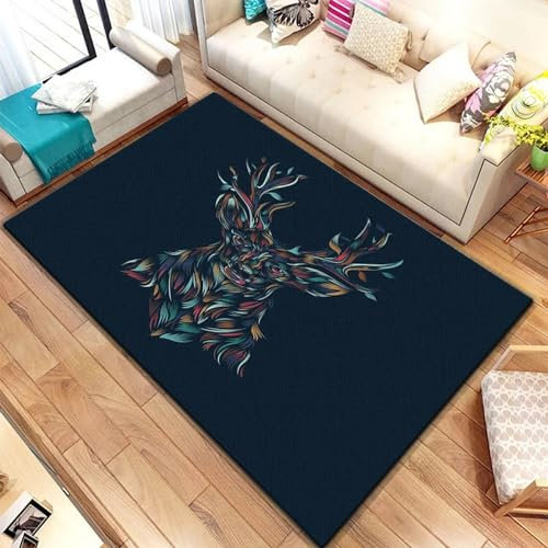 3D Gedruckt Bettvorleger Rutschfeste Area Teppich, Elch Waldhirsch Tier 3D Optische Illusion Teppiche Weich Flanell Bodenteppich Wohnzimmer Schlafzimmer Throw Runner Teppiche Low Profile Türmatte -5L8