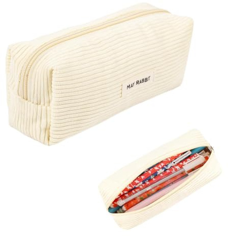 YALiya Mäppchen Cord-Stoff, Aufbewahrungstasche Federmäppchen mit Großem | Federmäppchen Tragbare, Fassungsvermögen Pencil Case mit praktischem Reißverschluss,für Schule,Zuhause und Büro (Milchweiß)