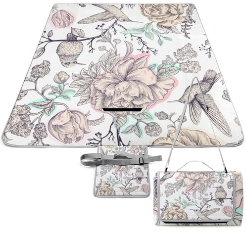 SEEKJOYS Picknickdecke mit Vintage-Blumen und Vögeln, faltbar, tragbar, 3-lagig, wasserdicht, sanddicht, Stranddecke für Outdoor, Camping, Reisen, Gras, Rasen, Park, Musikfestival