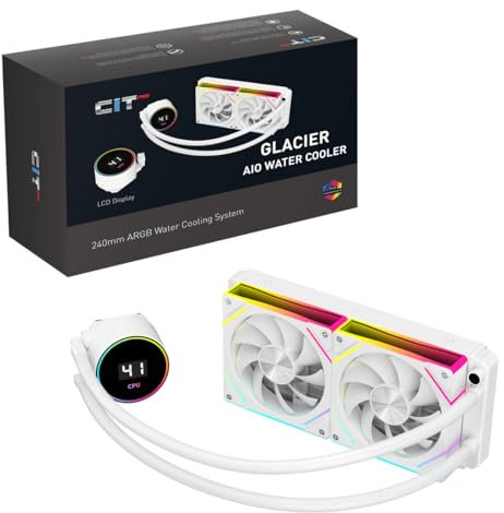 CiT Pro Glacier 240mm AIO CPU Liquid Cooler – 240mm Radiator – 2×120mm ARGB PWM Infinity Fans – Live LCD CPU Temperature Display – AM5, AM4 – LGA 1851, 1700, 1200/115X, 20XX Compatible | White